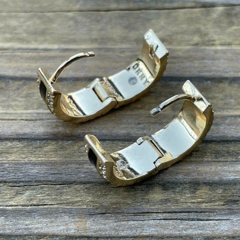 DKNY Women Earrings GoldBlack Tone Crystal Accent Hinge Ladies Ear Jewelry New - Picture 11 of 12